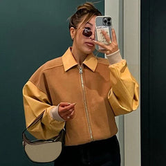 Lunivop Spliced Turn Down Collar Zipper Long Sleeve Y2K Pu Faux Leather Lacket Women'S Coats Winter Casual Clothes