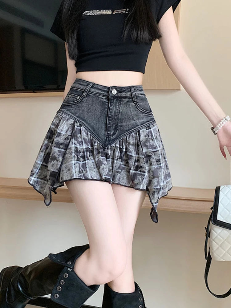 Lunivop American Vintage Skirts Denim Patchwork Plaid Irregular High Waist Mini Skirt Summer Female Slim Design Y2k 2024 Women Clothing