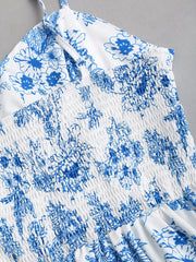 Lunivop  Blue and white floral printed spaghetti strap sweetheart neck high waisted puffy dress