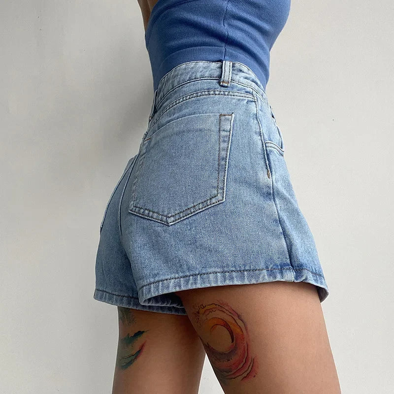 Lunivop Elegant Slimming High-waisted A- line Denim Shorts Women's Summer New 2023 Light Color Two-piece Illusion Design Slim Fit