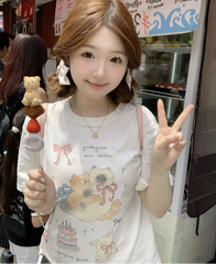 Lunivop  T Shirts Women Sweet Cartoon Cat Short Sleeve O Neck Funny Summer 2025 Fashion Tops Preppy Style Female Tshirt Casual