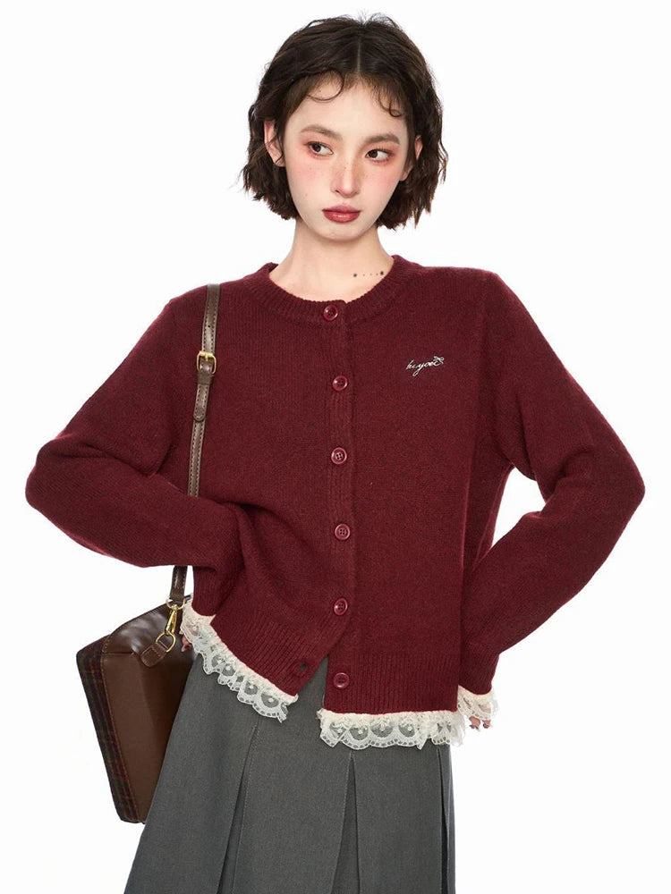 Lunivop Lace Patchwork Retro Cardigan Women Streetwear Long Sleeve O Neck Knitted Sweaters American Casual Letter Vintage Fall Tops