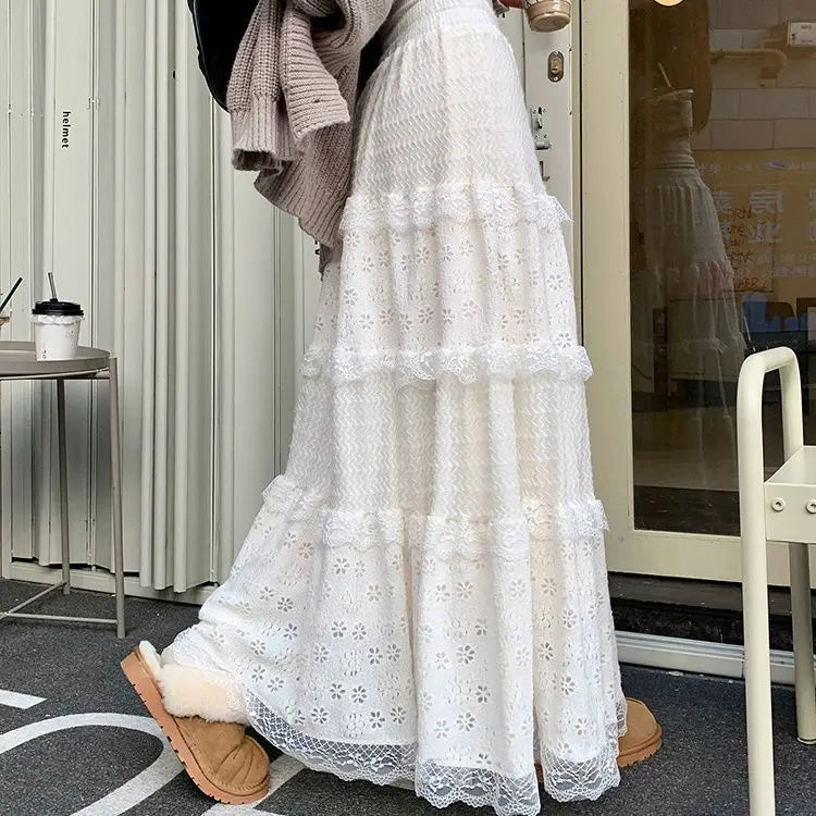 Lunivop  Sweet White Lace Cake Skirt for Women Y2k E-Girl High Waist A-line Skirts 2025 Spring New Mid-length Loose Faldas Largas