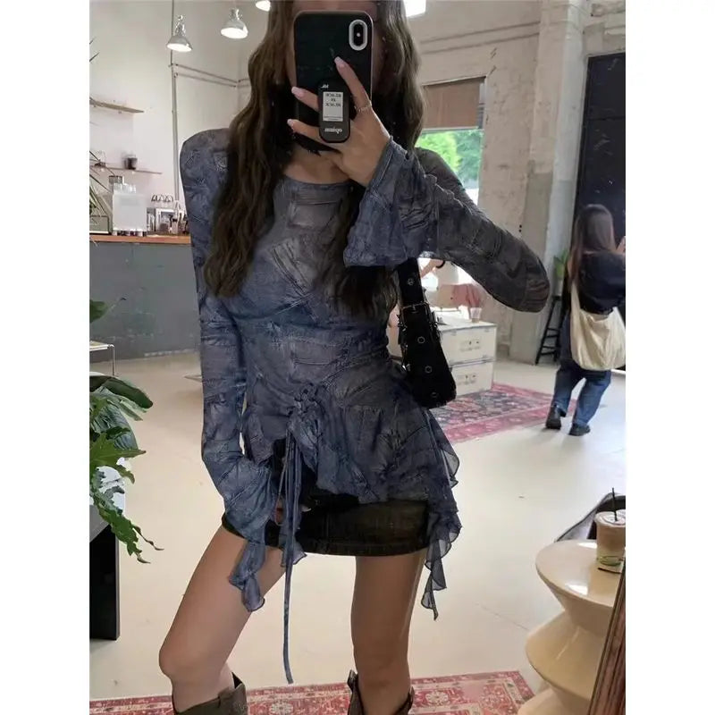 Lunivop  Retro Print Slim Fit Long Sleeved T-shirt Top Drawstring Lace Up Slim Waist Blouses 2025 New Bottoming All-match Tee Shirt