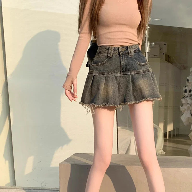 Lunivop Vintage Denim Skirt Women Pleated Sexy Short Skirts Retro Korean Fashion Aesthetics Casual A-line Streetwear Jean Skirt
