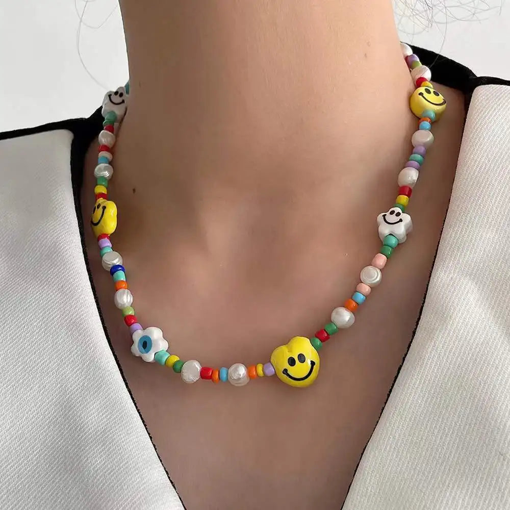 Lunivop New Korea Summer Lovely Colorful Flowers Daisy Transparent Crystal Beading Strand Short Choker Necklace for Women