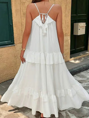 Lunivop   Ruffle Pleated Sling Midi Dress Women Elegant Sleeveless Backless Loose Robes 2025 Summer Female Vacation Beach Party Long Dress