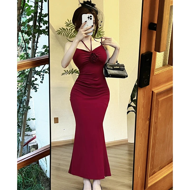 Lunivop  Women New Red Sexy Bow Flower Sling Long Dress Summer Elegant Ruffled Luxury Dress 2025 Korean Vintage Bodycon Dance Party Dress