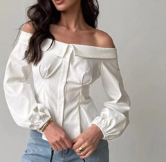Lunivop  New Spring Autumn French Sexy Off The Shoulder Office Lady Blouse Y2k Fashion Euramerican Slim Waist Draped Clothes Harajuku Top