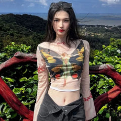 Lunivop  American Sweet Butterfly Printed T-shirt for Women Early Spring New Bottoming Tops Mujer Sexy Crop Top Slim Fit Tee Shirt