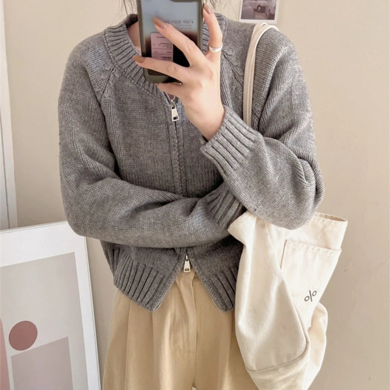 Lunivop Zip Up Sweater Cardigan for Women Solid Long Sleeve Crew Neck Zipper Front Knitted Jacket Teen-girl Fall Winter Casual Outfit