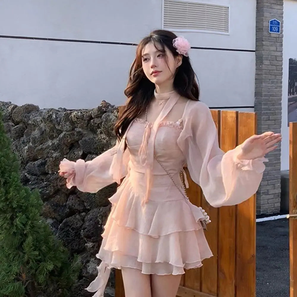 Lunivop  Summer Sweet Slim Waist Bow A-line Camisole Dresses+ Y2k Loose Long Sleeve Cardigan Top Women New Two Piece Sets