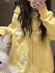 Lunivop Women Cute Cartoon Hoodies Vintage Lace Patchwork Loose Sweet Sweatshirts Fall Preppy Style Japan Pockets Lady Kawaii Tops