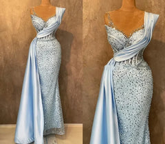 Lunivop  Glitter Sequin Prom Dresses For Engagement Sheer Neck Pleats Mermaid Formal Evening Gowns Birthday Party Wear