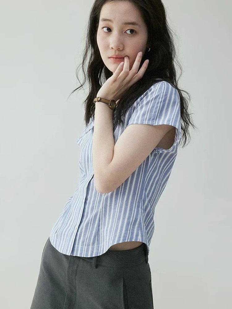 Lunivop Preppy Style Women Striped Shirt Casual Vintage Short Sleeve Slim Blouse Summer Retro Korean Female Sweet Simple Tops New