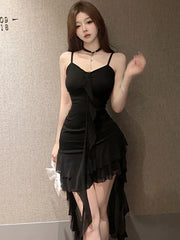 Lunivop  Black Patchwork Mesh Ruffled Sexy Club Dress Summer Pleated Bodycon Sling Dress Women Korean Vintage Hepburn Evening Dress