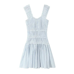 Lunivop  Sexy Blue White Striped Elastic Strap Slash Shoulder Dress Folded Elastic Waist Swing A-line Short Tank Robe Holiday Woman