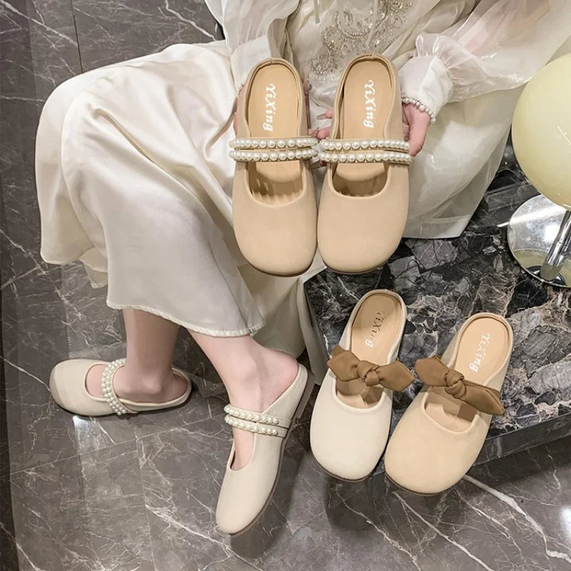 Lunivop Fashion Bowknot Pearl Flat Bottom Baotou Half Slippers Women New Summer Shallow Mouth Mary Jane Single Shoes Casual Slides