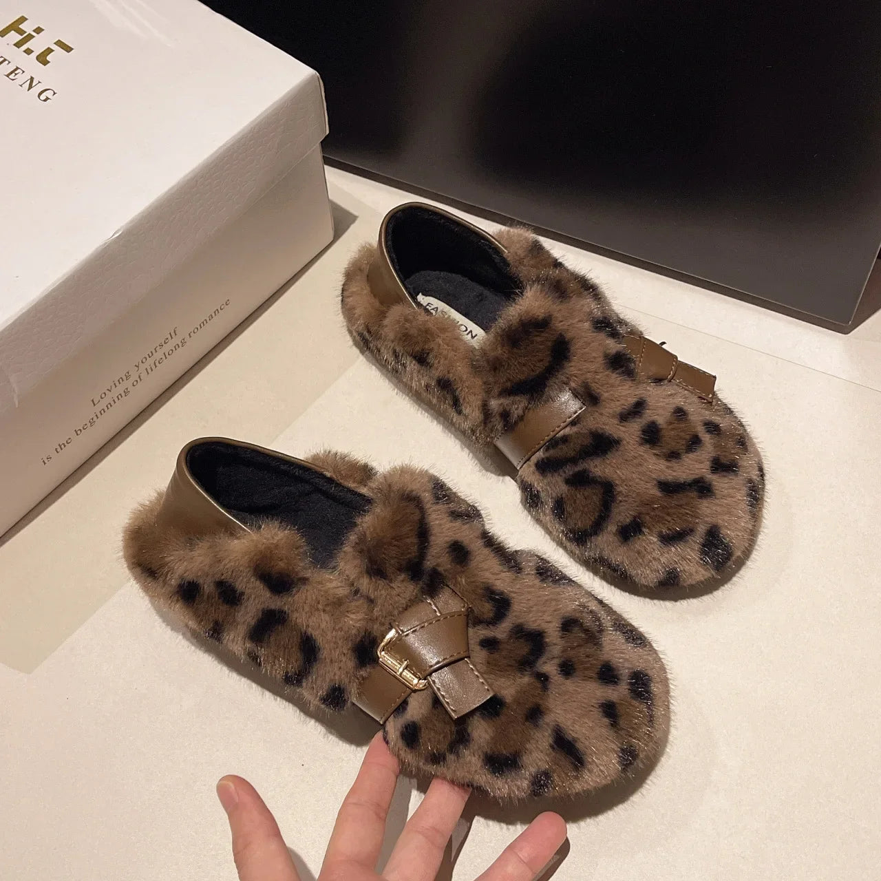 Lunivop Fashion Leopard Fur Ballet Flats Woman Curly Cotton Buckle Strap Mary Jane Shoes Ladies Winter Warm Plush Shallow Loafers