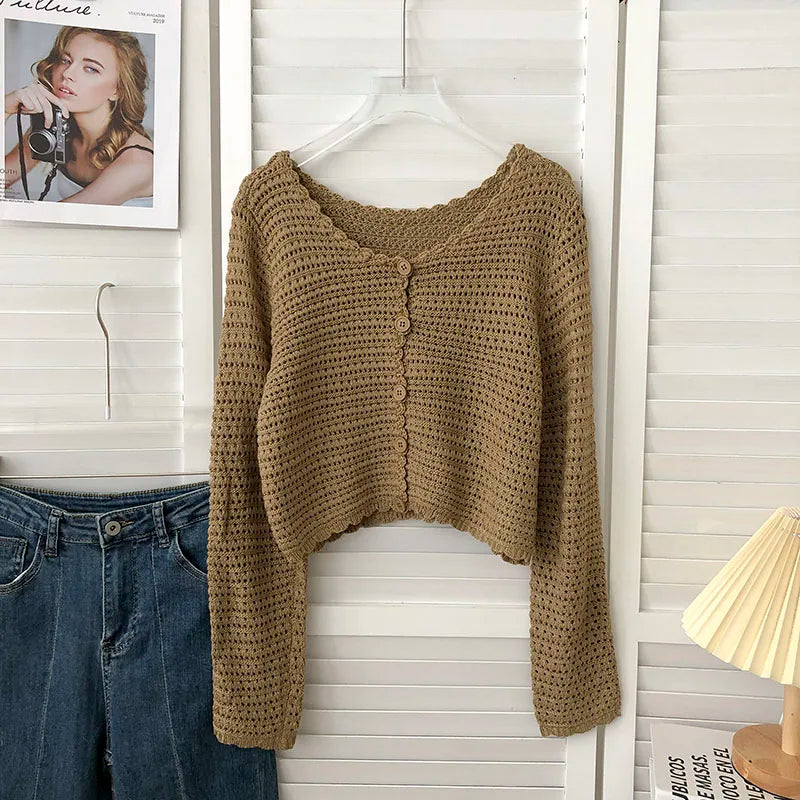 Lunivop Crochet Cardigan for Women Sheer Openwork Knit Long Sleeve Button Up Crop Top Teen-girl Shrug Cardigan Autumn Spring Y2K Outfit