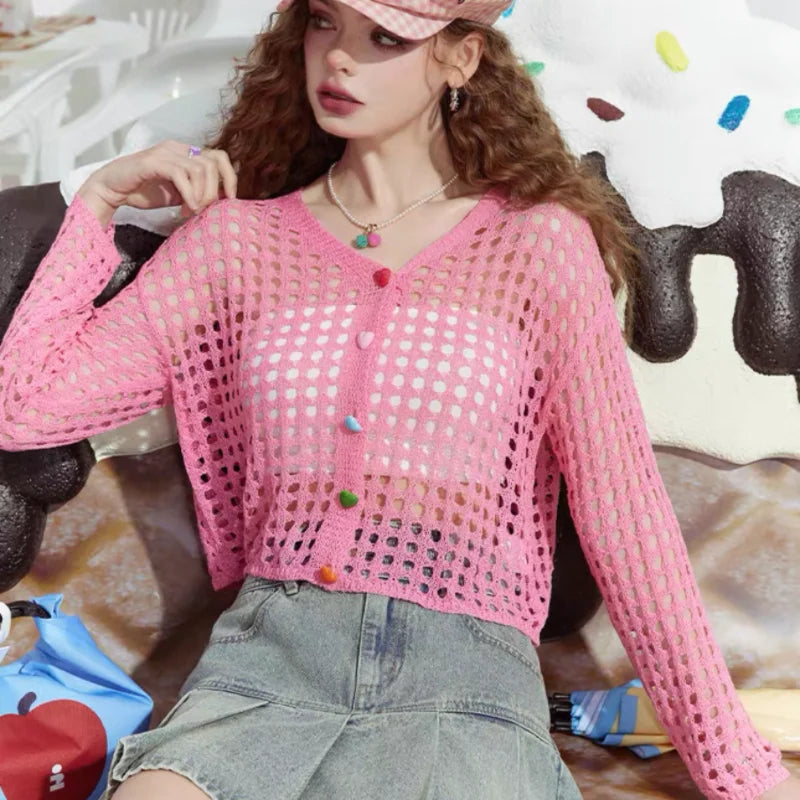 Lunivop Crochet Cardigan Women Multicolor Heart Button Front Long Sleeve Sheer Openwork Knit Top Jacket Teen-girl Boho Vacation Outfit