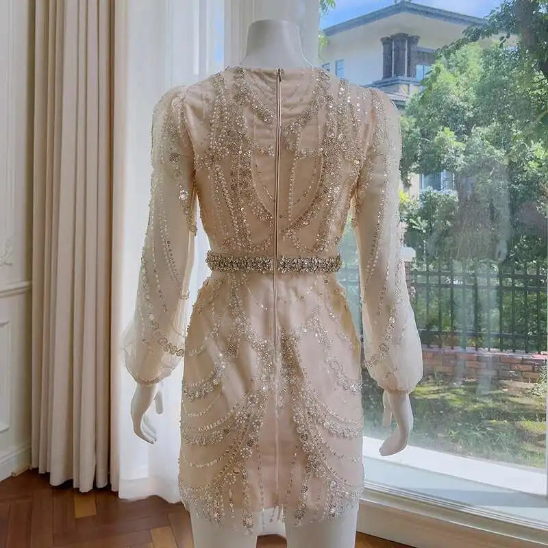 Lunivop  2025 Spring New Bead Sequin Embellishment Glamorous Women Dress V - Neck Long Puff Sleeve Short Dresses Female