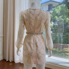 Lunivop  2025 Spring New Bead Sequin Embellishment Glamorous Women Dress V - Neck Long Puff Sleeve Short Dresses Female