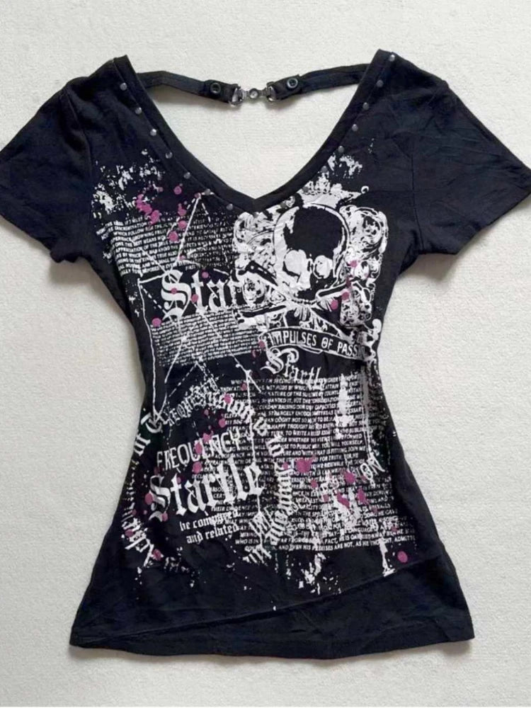 Lunivop  Women Grunge T-shirts Summer Bottoming Crop Tops Vintage Slim Harajuku Causal Black Tshirts Y2k Aesthetic Flower Printing
