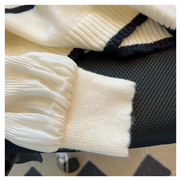Lunivop Fake Two Piece Sweater Women Contrast Striped Puffed Sleeve Knitted Pullover Jumper Blouse Korean Fashion Top Fall Winter Outfit