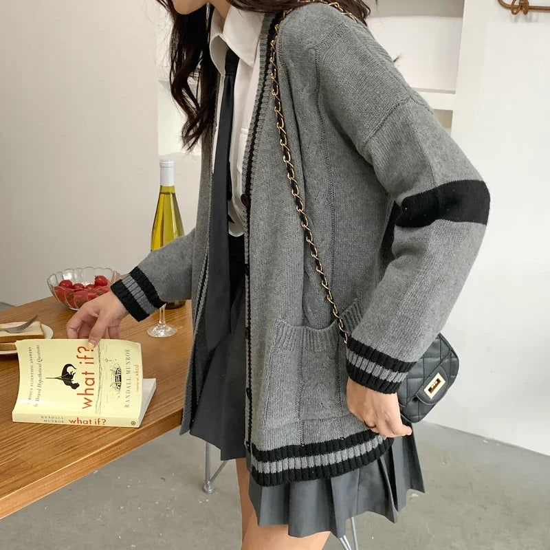 Lunivop Knit Cardigan for Women Long Sleeve Button-up with Contrast Trim Sweater Jacket Varsity High School Teen-girl Preppy Chic Outfit