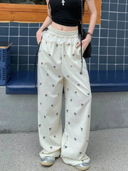Lunivop  Bow Print Sweet Wide Leg Pant Women Loose Elegant Lace Patchwork Trousers Summer Vintage Cute High Waist Lady Casual Pants