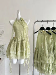 Lunivop  Y2K Sweet Chic Dress Women Slim Fit Waist Cinched Lace Halter Neck Sleeveless Mini Dress Summer Harajuku Fashion Outfit