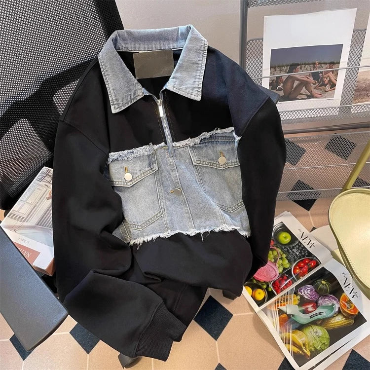 Lunivop  American Retro Hip-hop High Street Denim Sweatshirts Autumn New Long Sleeve Tops Muejr Y2k Lapel Neck Half Zip Pullover