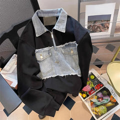Lunivop  American Retro Hip-hop High Street Denim Sweatshirts Autumn New Long Sleeve Tops Muejr Y2k Lapel Neck Half Zip Pullover