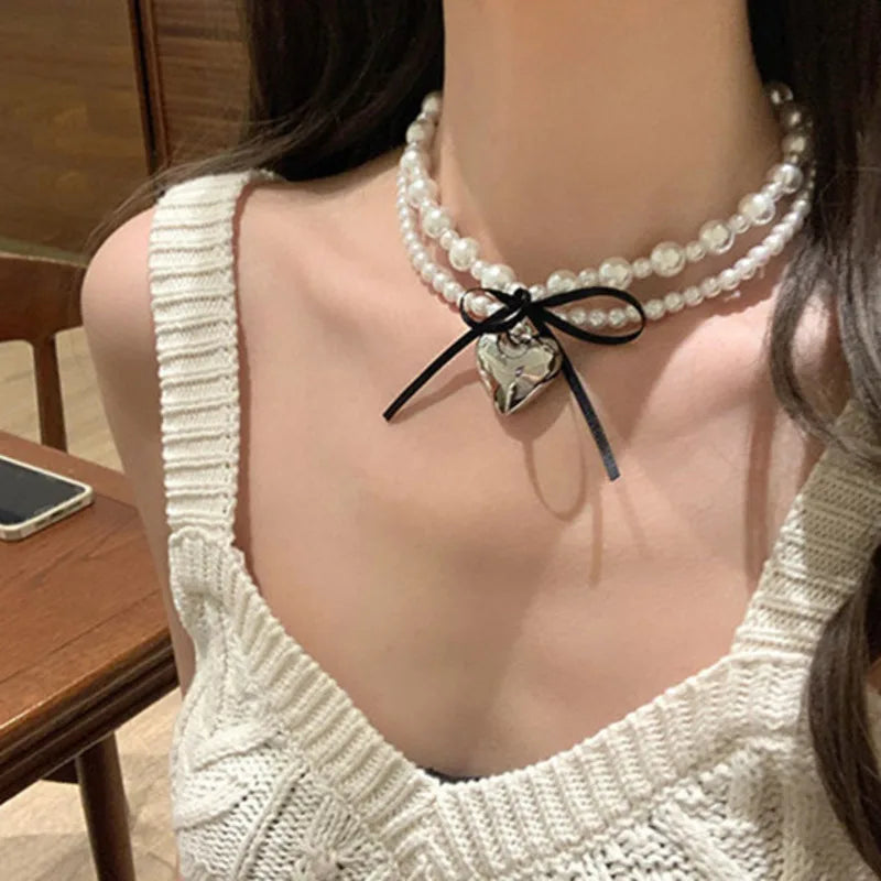 Lunivop Korean INS Sweet Cool Style Ribbon Bow Heart Double Layer Pearl Necklace for Female Minority Design Sense Collar Chain