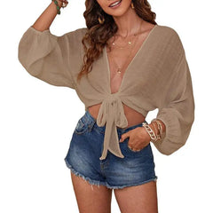 Lunivop  Women's Beach Cover irt Bikini Top Cotton Polyester Long Sve Lantern Sve Commute Sle Regular Thin Non-deformable