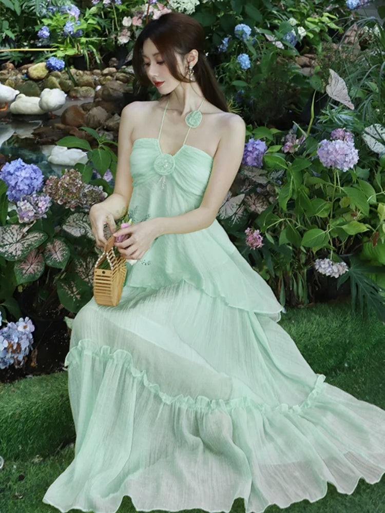 Lunivop  Sweet Halter Birthday Party Dress French Style Off Shoulder Backless Ruffles Evening Dresses Summer A-line Vestidos Robe Clothes