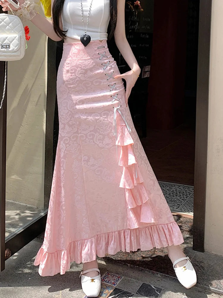 Lunivop  Print Vintage Long Skirt Women Casual Ruffles England Sweet Trumpet Skirts Retro Lace Up Elegant Female Design Long Skirt
