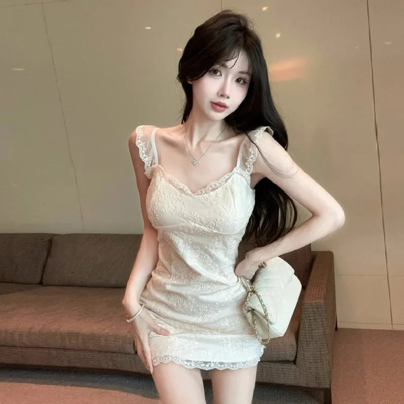 Lunivop  Women Dress Sleeveless Lace Patchwork Slash Neck Slim Elegant French Style Chic Party Mini Dresses Female Fashion