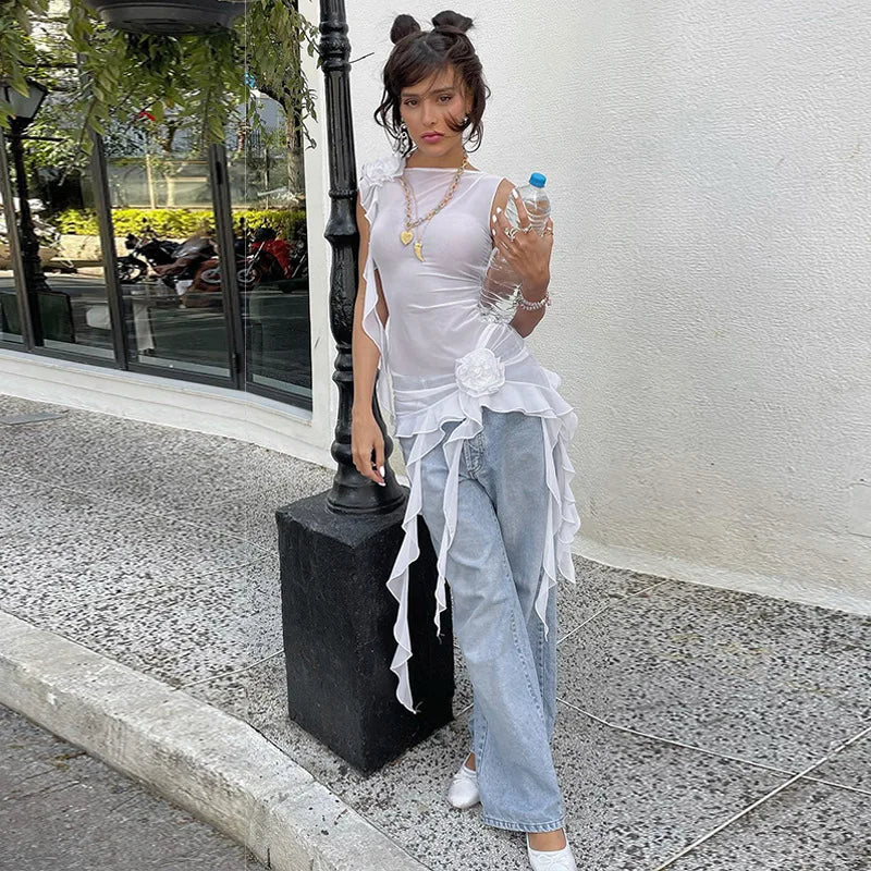 Lunivop Mesh See Through Backless Sleeveless Floral Pattern Long Tassel Women'S Top T Shirt Summer Casual Y2K Streetwear Clothes