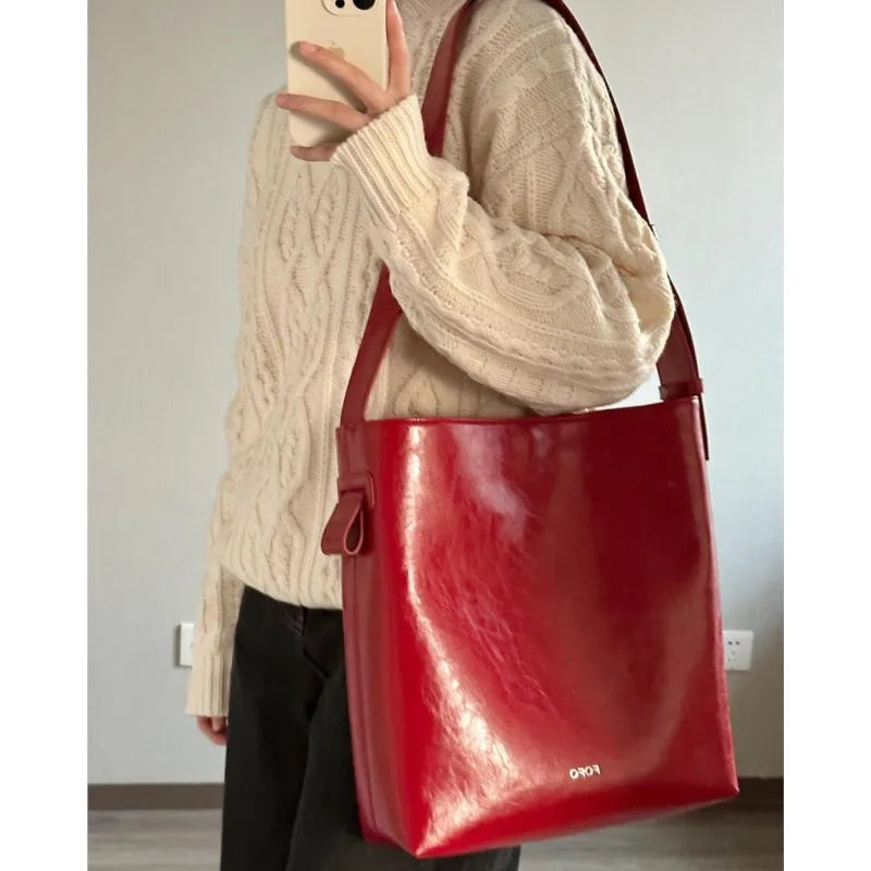 Lunivop Vintage Red Tote Bag Purse Women High Street Leather Large Capacity Casual Crossbody Bags Female Retro Messenger Bag Y2k