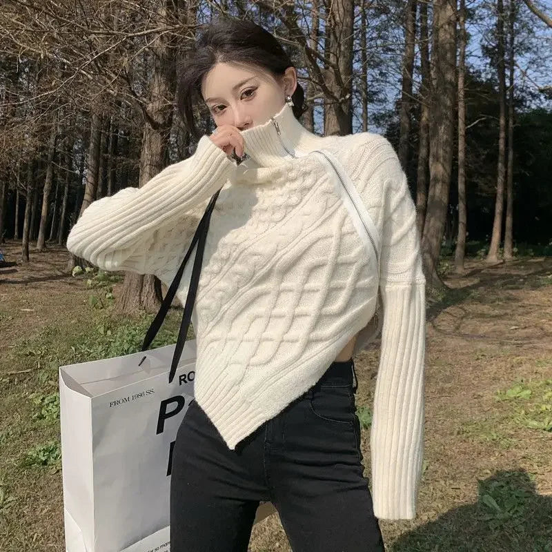 Lunivop  Autumn and Winter Fashion New Women's Elegant Design Sense Cashmere Sweater High Neck Zipper Irregular Pullover Sweater  Jumper