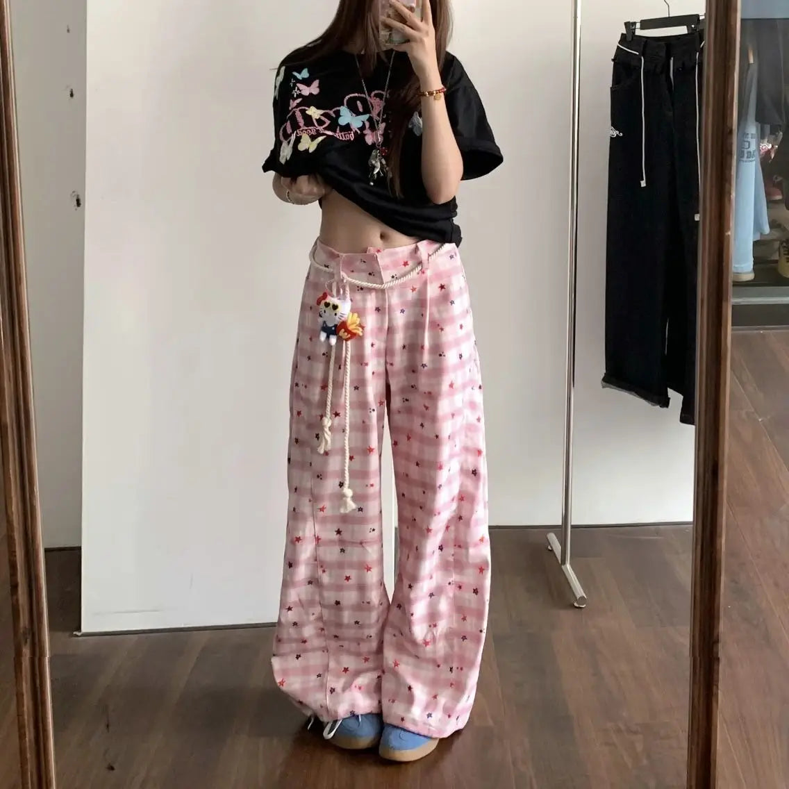 Lunivop  Summer White Pink Plaid Patchwork Pants for Women New High Waist Wide Leg Pants American Retro All-match Casual Trousers
