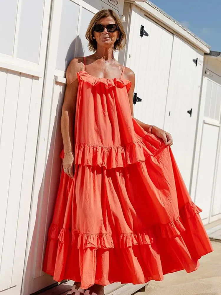Lunivop   Ruffle Pleated Sling Midi Dress Women Elegant Sleeveless Backless Loose Robes 2025 Summer Female Vacation Beach Party Long Dress