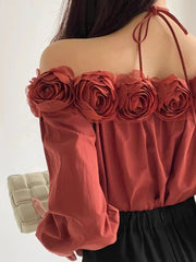 Lunivop 3D Floral Off Shoulder Red Blouse Women Elegant Long Sleeve Sexy Shirt Vintage Casual French Fall Female Single Breasted Tops