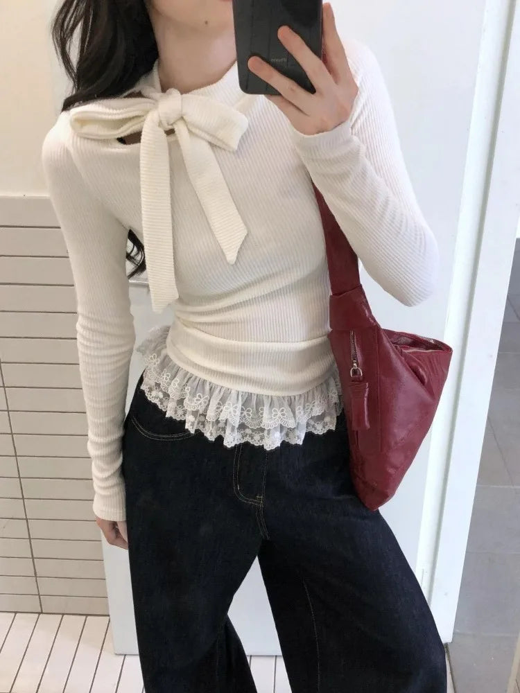 Lunivop  White Bow Lace Up Sweater for Women Autumn Winter New Bottoming Knitted Pullover Thin Long Sleeve Slim Fit Tops Mujer