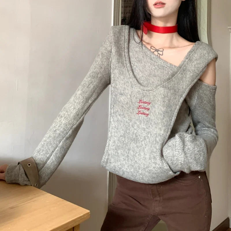 Lunivop Vintage Letters Embroidery Casual Hooded Long-sleeved Sweater Women Autumn New High Street Sexy Strapless Gray Knitted Tops