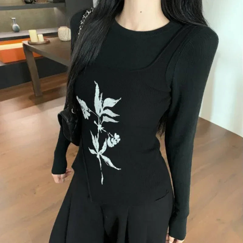 Lunivop Autumn New High Street Floral Printed Irregular Sexy Knitted Camisole Women + Black Long-sleeved T-shirt Two-piece Suit