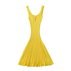Lunivop  4 COLORS Sexy U collar Sleeveless Rib Knitting Dress Women Skinny Slim Fit Hem Pleated A-lined Short Tank Robe Pink Yellow Black