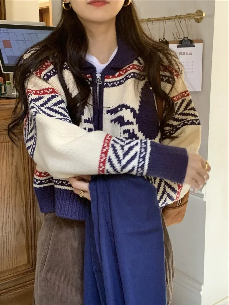 Lunivop Knitted Zip Up Cardigan Women Vintage Fair Isle Zipper Front Cropped Sweater Jacket Knitwear Autumn Winter Outfit